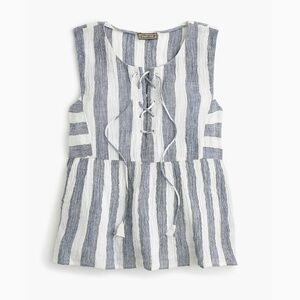 J. Crew Point Sur Tie-Front Top in Striped Linen in Blue/White | Medium